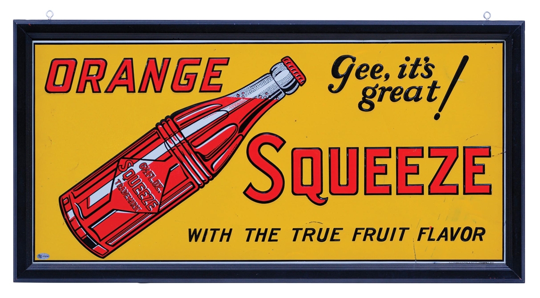 ORANGE SQUEEZE EMBOSSED TIN SIGN W/ BOTTLE GRAPHIC