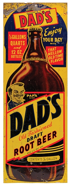 DADS OLD FASHIONED DRAFT ROOT BEER PAINTED METAL SIGN W/ BOTTLE GRAPHIC