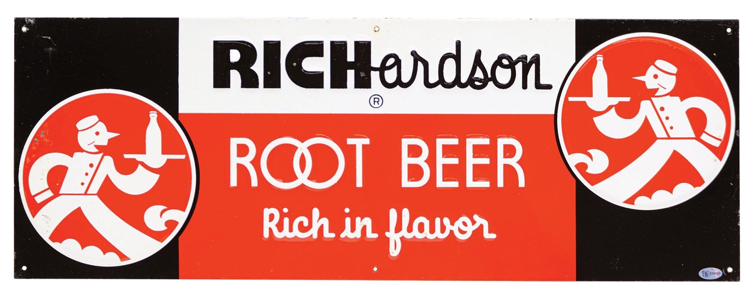 RICHARDSON ROOT BEER EMBOSSED TIN SIGN W/ WAITER GRAPHICS