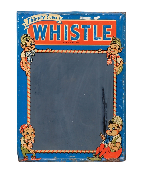 "THIRSTY? JUST WHISTLE" SELF-FRAMED EMBOSSED TIN CHALKBOARD W/ ELF GRAPHICS.