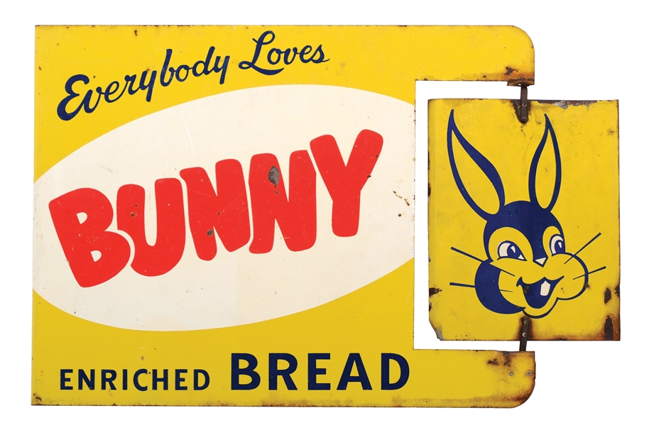 "EVERYBODY LOVES BUNNY BREAD ENRICHED BREAD" PAINTED METAL FLANGE SIGN W/ BUNNY GRAPHIC