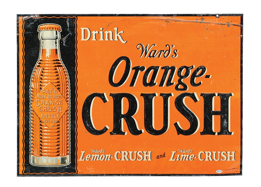 "DRINK WARDS ORANGE CRUSH" EMBOSSED TIN SIGN W/ EARLY BOTTLE GRAPHIC