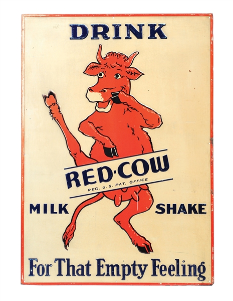 "DRINK RED COW MILKSHAKES" SELF-FRAMED EMBOSSED TIN SIGN W/ RED COW GRAPHIC