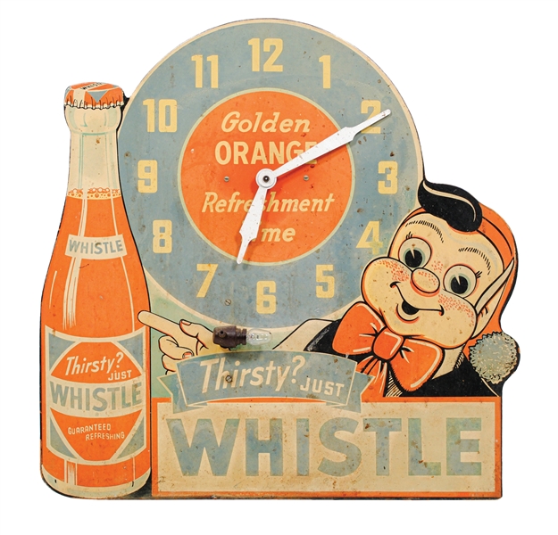 "THIRSTY? JUST WHISTLE" GOLD & ORANGE MASONITE CLOCK SIGN W/ BOTTLE & ELF GRAPHIC