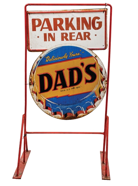 "DELICIOUSLY YOURS DADS ROOT BEER" SELF FRAMED EMBOSSED TIN SIGN W/ ADDED CURB STAND