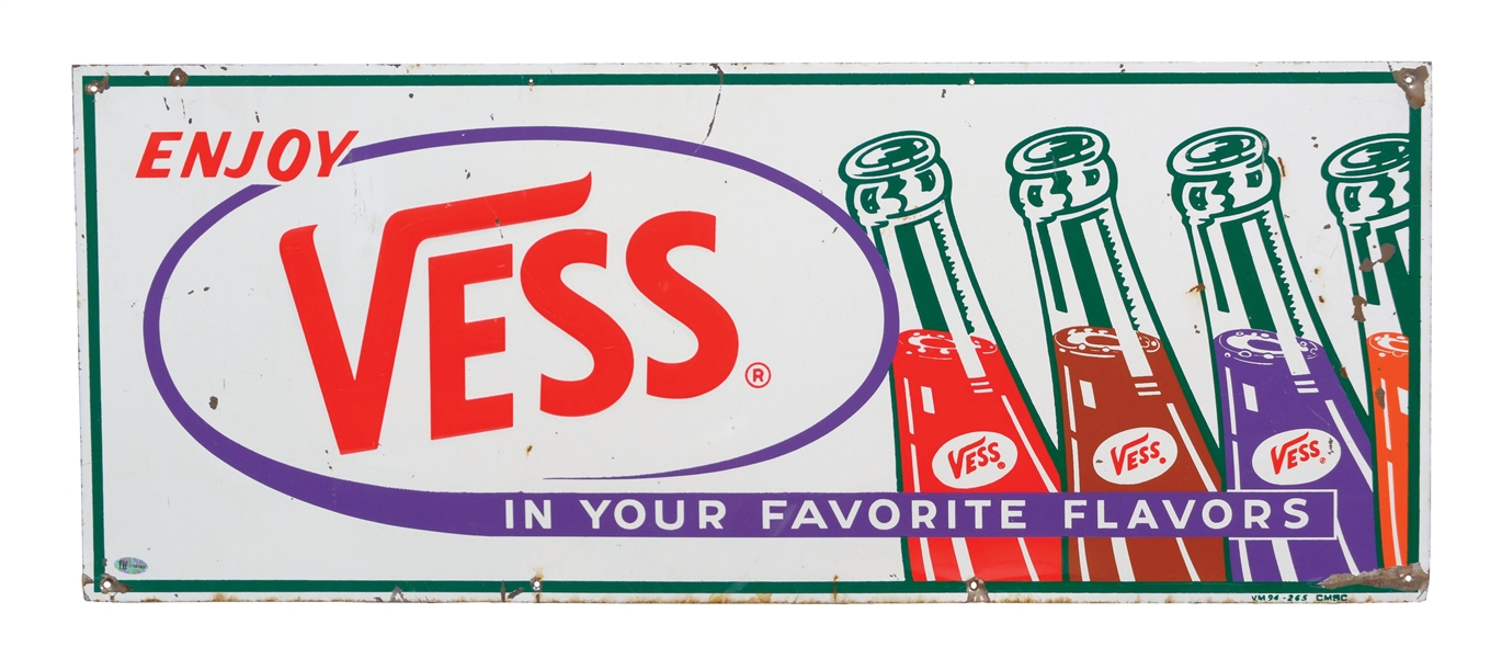 "ENJOY VESS SODA POP" EMBOSSED TIN SIGN W/ BOTTLE GRAPHICS