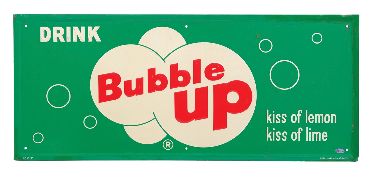 "DRINK BUBBLE UP" SELF FRAMED EMBOSSED TIN SIGN W/ BUBBLE GRAPHIC