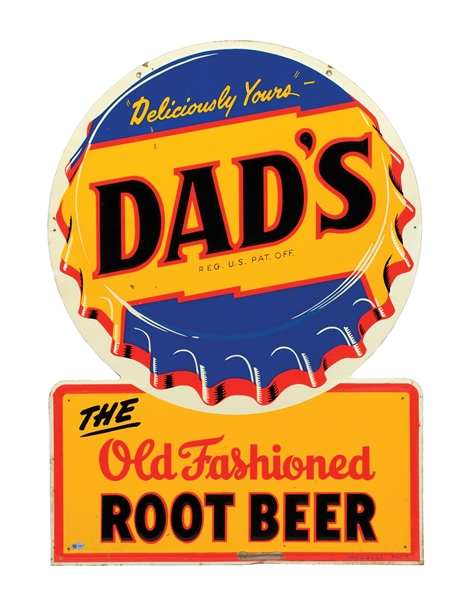 DADS ROOT BEER SINGLE-SIDED EMBOSSED TIN SIGN W/ BOTTLECAP GRAPHIC