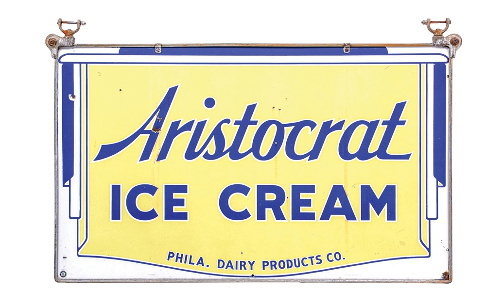 ARISTOCRAT ICE CREAM DOUBLE-SIDED PORCELAIN SIGN W/ ORIGINAL HANGER