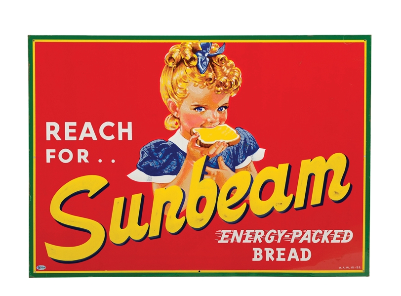 "REACH FOR SUNBEAM ENERGY PACKED BREAD" EMBOSSED TIN SIGN W/ SUNBEAM GIRL GRAPHIC