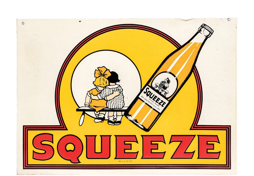 SQUEEZE SODA POP EMBOSSED TIN SIGN W/ BOTTLE GRAPHIC