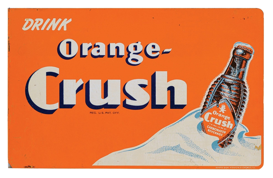 "DRINK ORANGE CRUSH" PAINTED METAL FLANGE SIGN W/ BOTTLE GRAPHIC