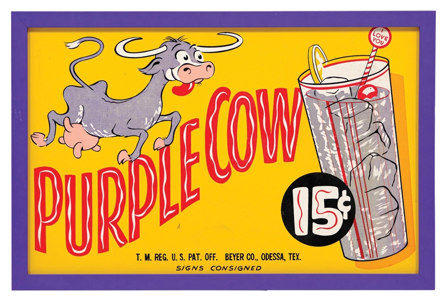 PURPLE COW SODA PAINTED MASONITE SIGN W/ COW GRAPHIC