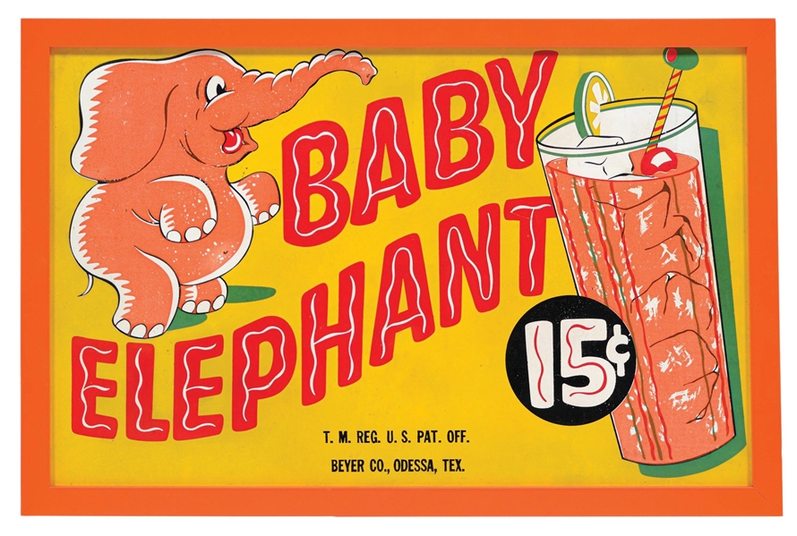 BABY ELEPHANT SODA POP PAINTED MASONITE SIGN W/ ELEPHANT GRAPHIC