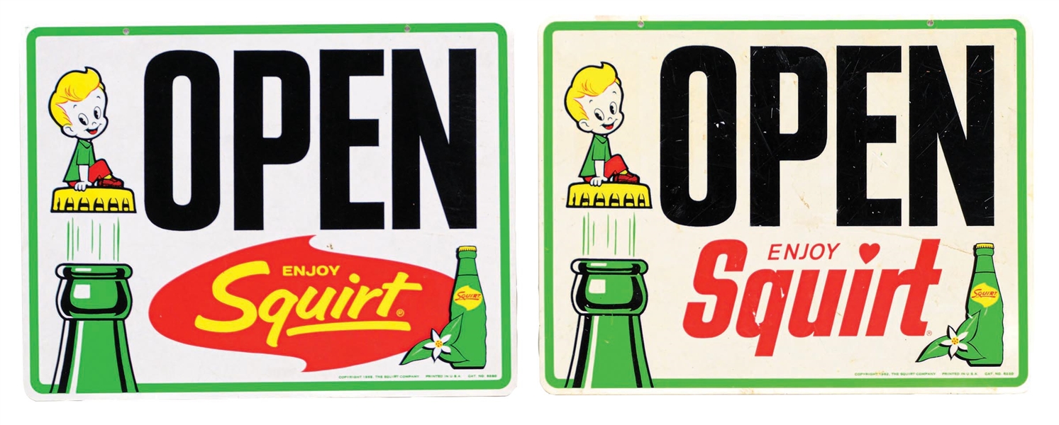 COLLECTION OF 2 SQUIRT SODA POP DOUBLE-SIDED OPEN & CLOSE PLASTIC SIGNS W/ BOTTLE GRAPHIC