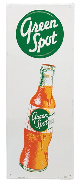 GREEN SPOT BEVERAGES SELF FRAMED EMBOSSED TIN SIGN W/ BOTTLE GRAPHIC