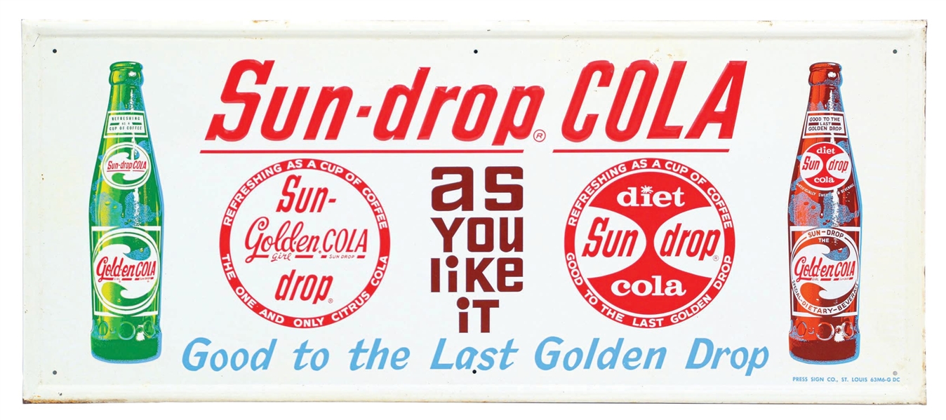 NOS SUN-DROP COLA SELF-FRAMED EMBOSSED TIN SIGN W/ DOUBLE BOTTLE GRAPHIC