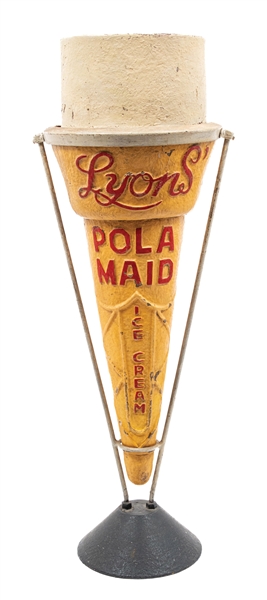 LYONS POLA MAID ICE CREAM FIGURAL PAINTED PLASTER & PAPER MACHE ICE CREAM CURB SIGN W/ ORIGINAL BASE