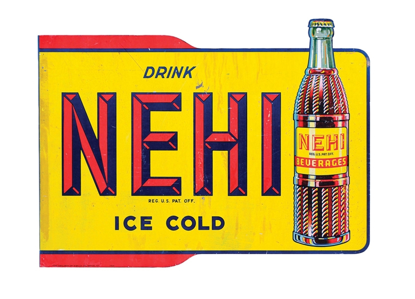 "DRINK NEHI ICE COLD" PAINTED METAL FLANGE SIGN W/ BOTTLE GRAPHIC