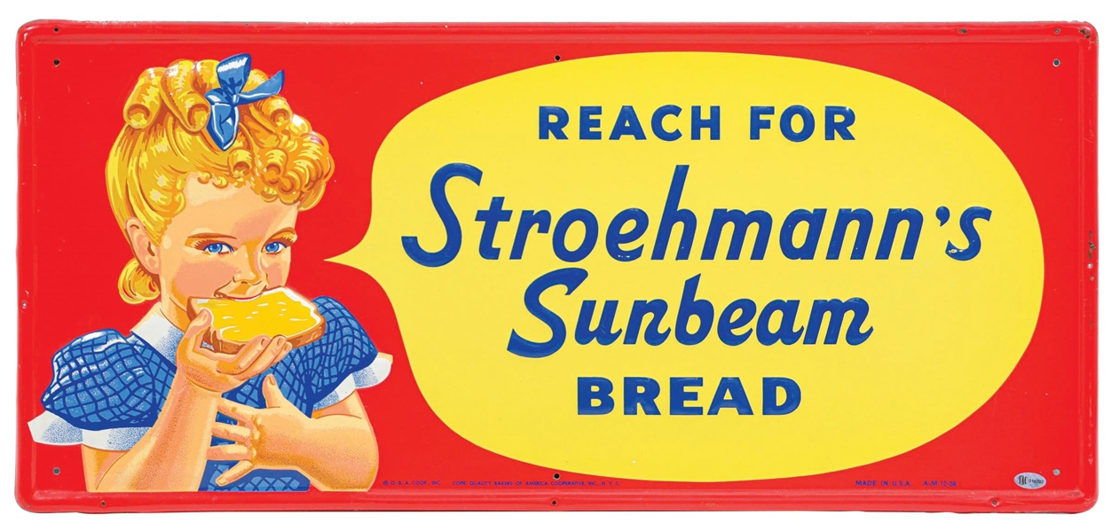 "REACH FOR STROEHMANNS SUNBEAM BREAD" SELF-FRAMED EMBOSSED TIN SIGN.