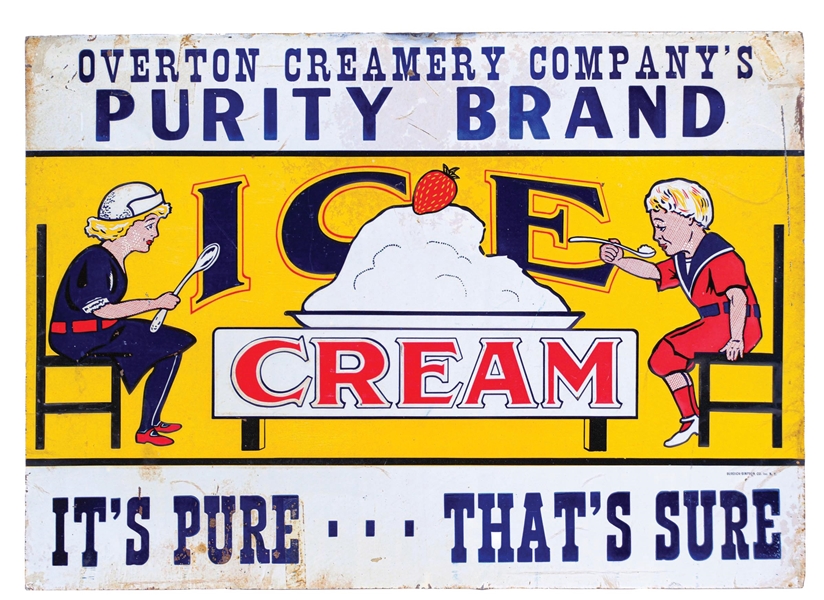 PURITY BRAND ICE CREAM EMBOSSED TIN SIGN W/ ICE CREAM GRAPHIC