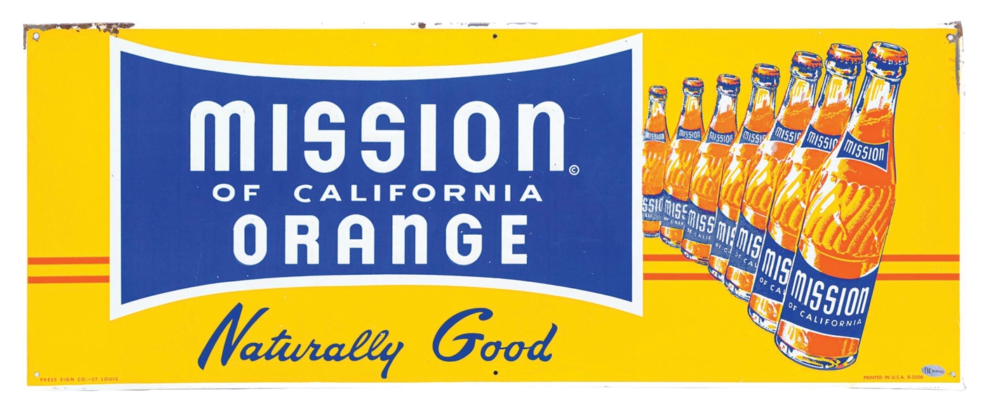 MISSION OF CALIFORNIA ORANGE EMBOSSED TIN SIGN W/ BOTTLE GRAPHIC