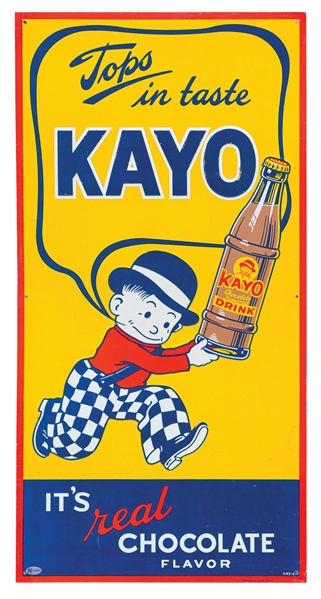 KAYO CHOCOLATE DRINK EMBOSSED TIN SIGN W/ BOTTLE GRAPHIC