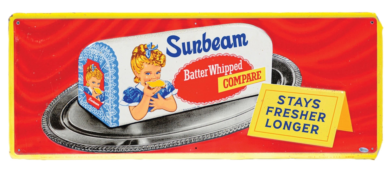 SUNBEAM BATTERED WHIPPED BREAD SELF FRAMED EMBOSSED TIN SIGN W/ BREAD LOAF GRAPHIC