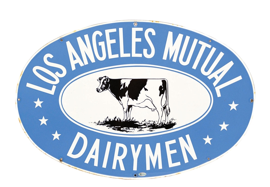 LOS ANGELES MUTUAL DAIRYMEN PORCELAIN SIGN W/ COW GRAPHIC