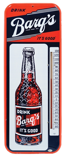 "DRINK BARQS ITS GOOD" TIN THERMOMETER W/ BOTTLE GRAPHIC