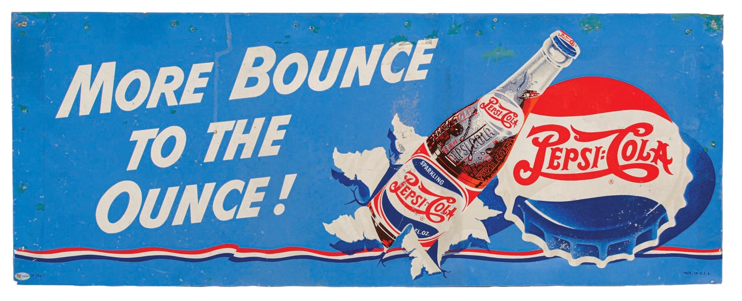 PEPSI-COLA "MORE BOUNCE TO THE OUNCE!" PAINTED ALUMINUM SIGN W/ BOTTLE LOGO