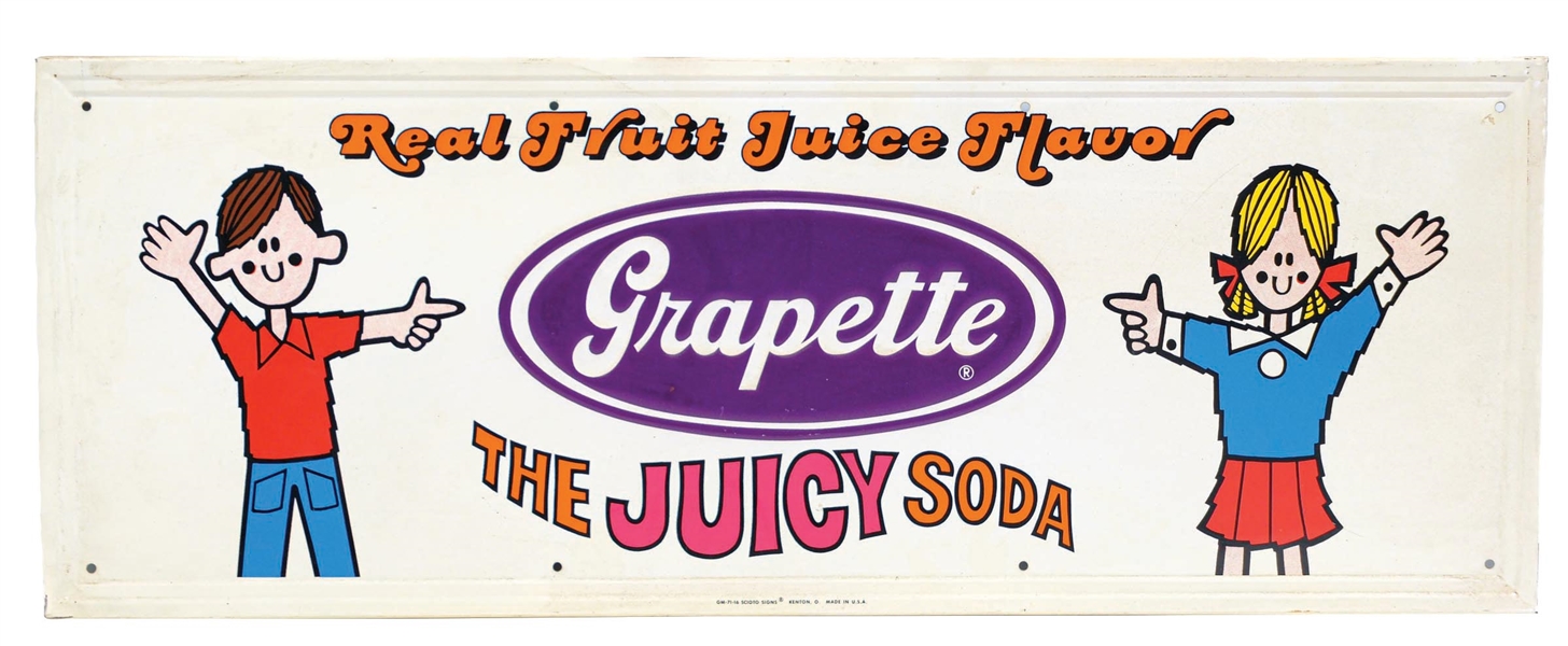 GRAPETTE "THE JUICY SODA" SELF-FRAMED EMBOSSED TIN SIGN W/ CHILDREN GRAPHIC