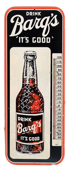 "DRINK BARQS ITS GOOD" SINGLE-SIDED TIN THERMOMETER SIGN W/ BOTTLE GRAPHIC