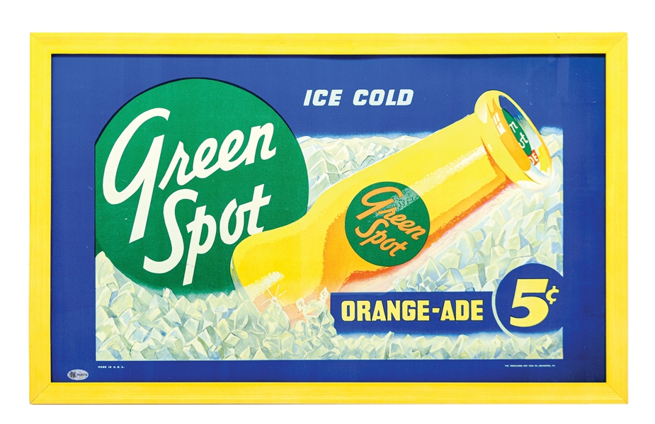 GREEN SPOT SINGLE-SIDED EMBOSSED TIN SIGN W/ EARLY BOTTLE GRAPHIC