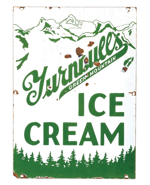 TURNBULLS GREEN MOUNTAIN ICE CREAM DOUBLE-SIDED PORCELAIN SIGN W/ MOUNTAIN GRAPHIC