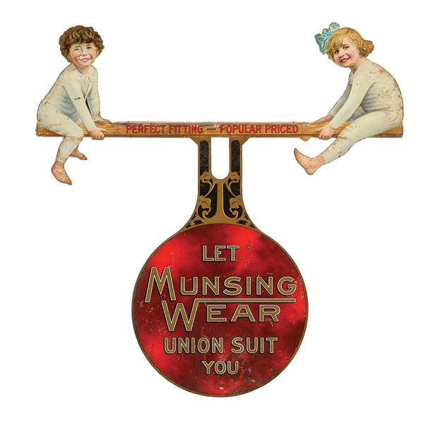 MUNSING WEAR UNION SUIT DIE-CUT TIN LITHOGRAPH W/ CHILDREN GRAPHIC