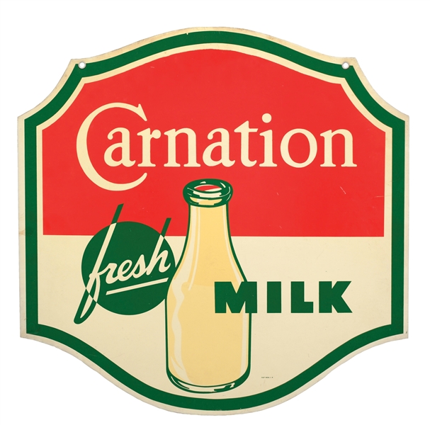 PAINTED METAL CARNATION FRESH MILK DOUBLE-SIDED SIGN W/ MILK BOTTLE GRAPHIC