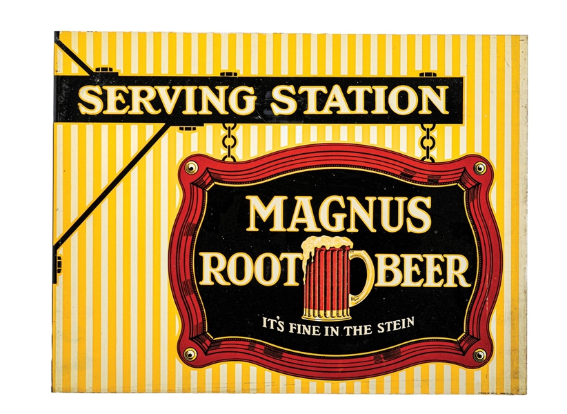 MAGNUS ROOT BEER "SERVING STATION" PAINTED METAL FLANGE SIGN W/ MUG GRAPHIC