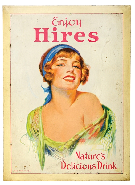 "ENJOY HIRES NATURES DELICIOUS DRINK" TIN OVER CARDBOARD W/ BEAUTIFUL WOMAN GRAPHIC