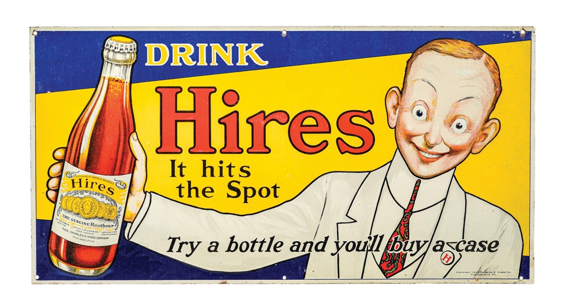 "DRINK HIRES / IT HITS THE SPOT" EMBOSSED TIN LITHOGRAPH W/ JOSH SLINGER GRAPHIC 