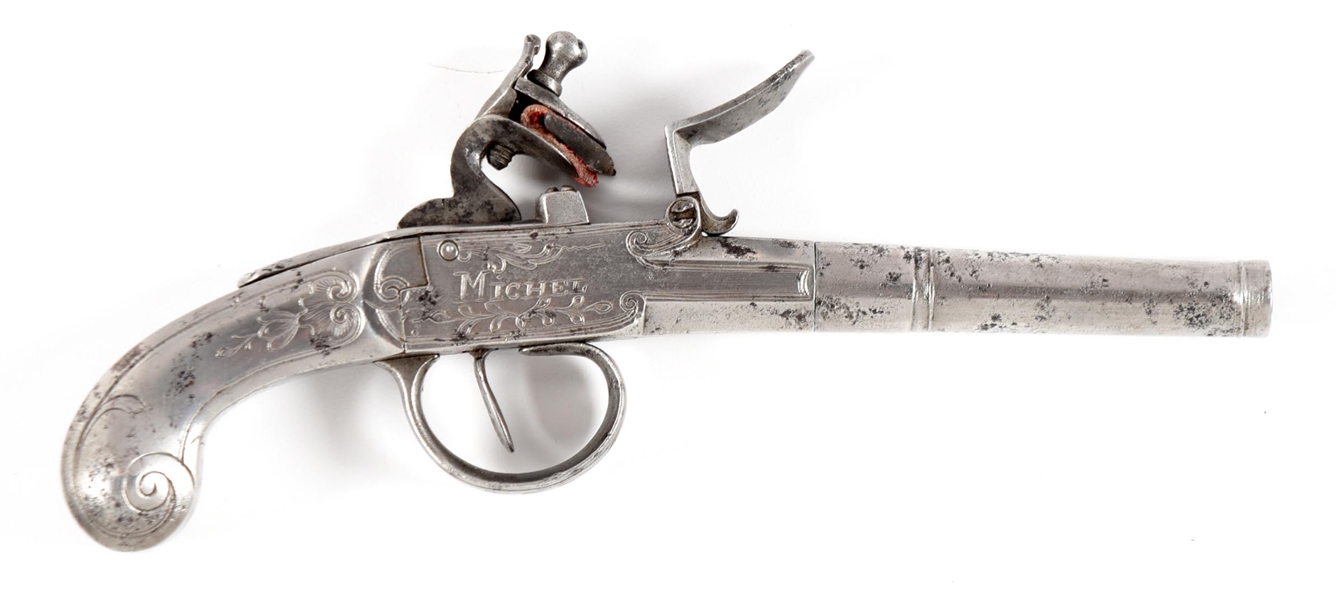 (A) A ALL-METAL BELGIAN COPY OF A  LEPAGE FLINTLOCK PISTOL.