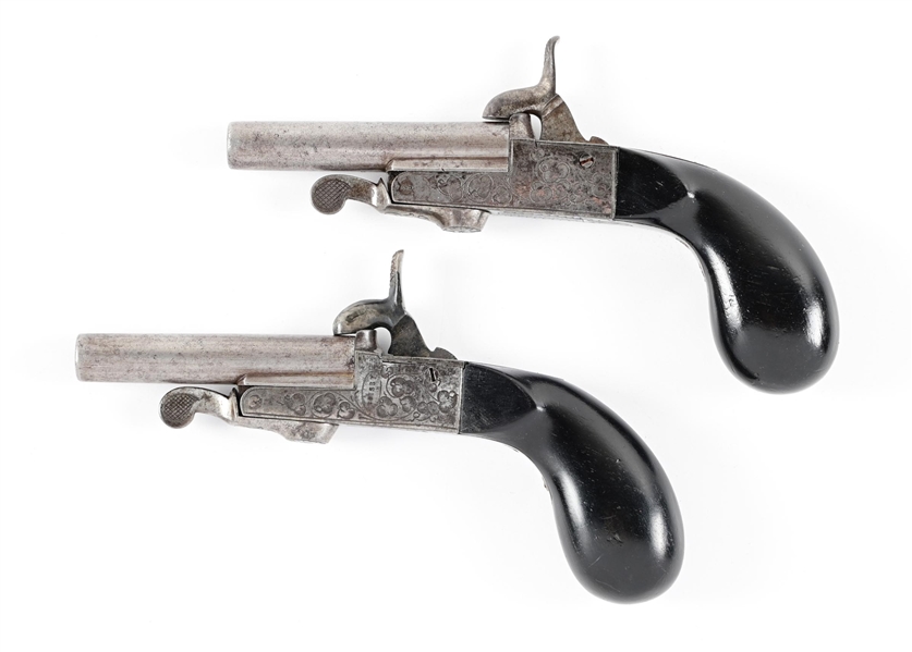 (A) PAIR OF PINFIRE MUFF PISTOLS SIGNED BOISSY IN CASE.