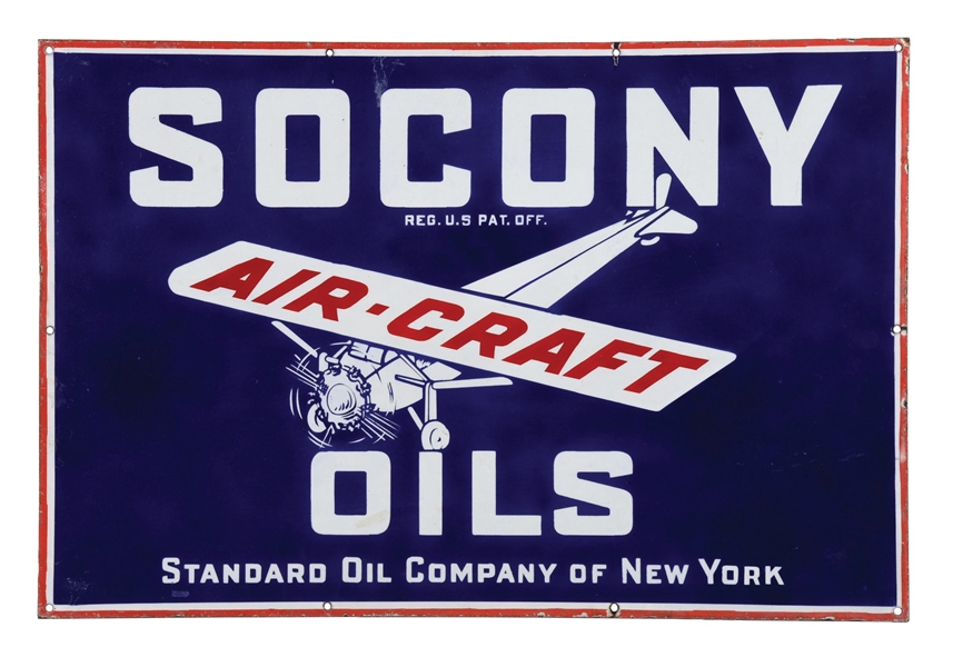 SOCONY AIR-CRAFT OIL PORCELAIN SIGN W/ AIRPLANE GRAPHIC.