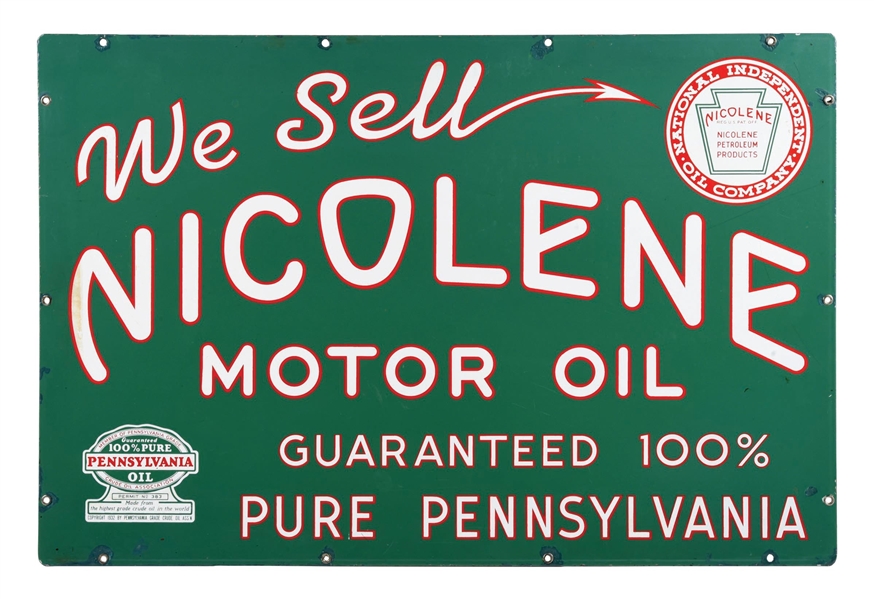 WE SELL NICOLENE MOTOR OIL PORCELAIN SIGN.