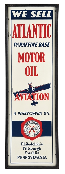 ATLANTIC MOTOR OIL AVIATION FRAMED TIN SIGN W/ AIRPLANE GRAPHIC.