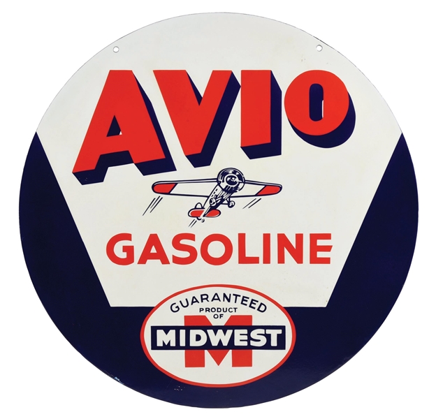 AVIO GASOLINE PORCELAIN SIGN W/ AIRPLANE GRAPHIC.