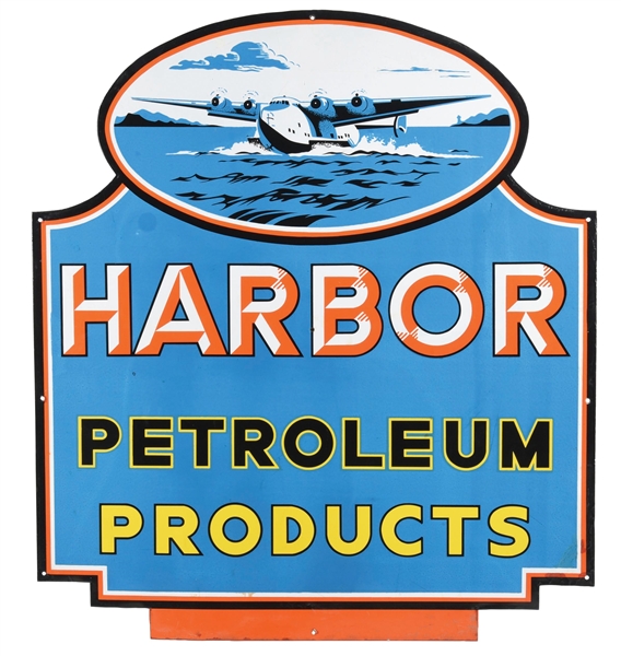 HARBOR PETROLEUM PRODUCTS PORCELAIN SIGN W/ SEAPLANE GRAPHIC.