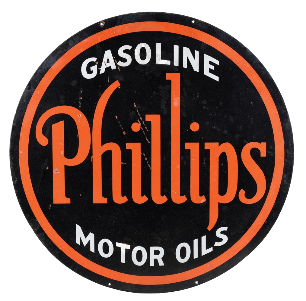 PHILLIPS MOTOR OILS AND GASOLINE PORCELAIN SIGN.
