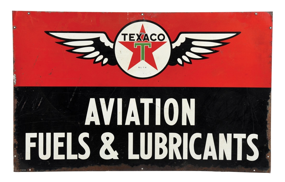 TEXACO AVIATION FUELS & LUBRICANTS TIN SIGN W/ WINGED GRAPHIC.