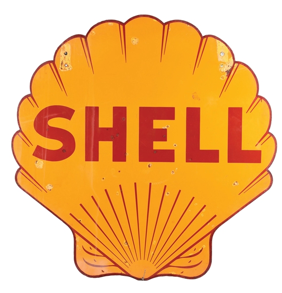 SHELL GASOLINE DIE CUT PORCELAIN CLAM SHELL SIGN.